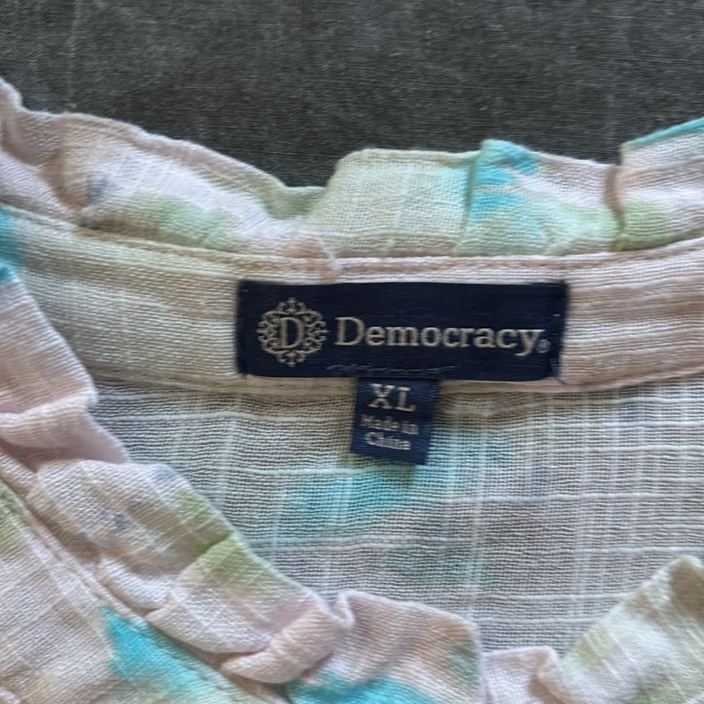Democracy Elbow Sleeve button down ruffle trim yoke woven shirt/top XL - Picture 7 of 16